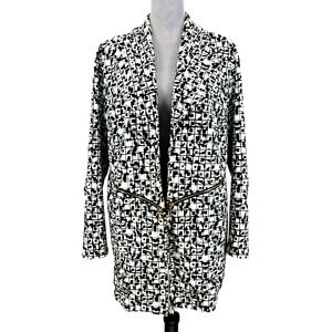 Chicos Jacket 2 Womens Large White Black Geometric Stretch Knit Zip Pockets Open